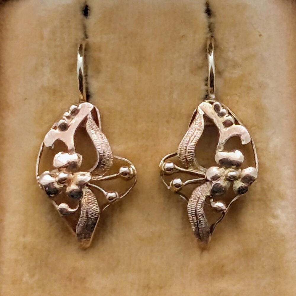Vintage Russian Soviet USSR Solid 14K Rose Pink Gold Flower Dangle EARRINGS P